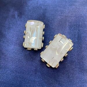 Vintage Clear Lucite Confetti Crescent Moon Clip On Silver Tone Earrings
